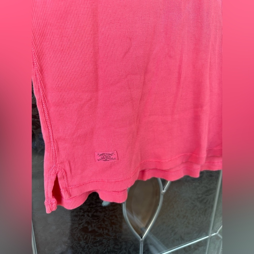 Large Ralph Lauren Pink Ribbed Baby Doll Tie V Neck Fitted Tee Cotton Y2K Cap - Picture 3 of 6
